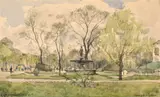 Les jardins des Champs-Elysées avec la fontaine de Diane de Jacques Hittorff, Paris by Henri Harpignies, Plume et encre grise, aquarelle sur traits de crayon, sold Nov 2024