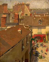 Rixe sur une place de village, vue de haut by André Devambez, Huile sur panneau, une planche, sold Nov 2024