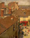 Rixe sur une place de village, vue de haut by André Devambez, Huile sur panneau, une planche, sold Nov 2024