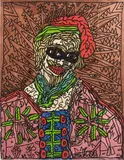 Le jeune monsieur masqué italien fait le malin ! by Robert Combas, 2003, Acrylique et collage de papier sur toile, sold Dec 2024