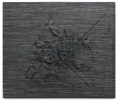 Sans titre (Vibración negra y azul) by Jesús Rafael Soto, 1959, Huile et tiges de métal peintes sur panneau de bois, sold Oct 2024