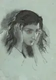 Etude de jeune femme se mettant les mains sur les oreilles ; une étude à la sanguine au verso by Marie Bracquemond, Fusain, estompe et sanguine sur papier bleu, sold Apr 2024