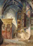 Intérieur d'église by Marie Bracquemond, Aquarelle gouachée sur traits de crayon, sold Apr 2024