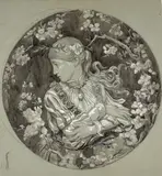Jeune fille de profil les bras croisés dans un jardin, projet de plat by Marie Bracquemond, Fusain, lavis noir et rehauts de gouache blanche sur papier bleu, sold Apr 2024