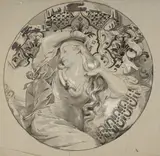 Young woman fixing her hair, dish project by Marie Bracquemond, Pen and brown ink, grey lavish, gouache highlights over pen lines, sold Apr 2024