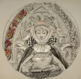 Jeune femme à la mode médiévale lisant, projet de plat by Marie Bracquemond, Fusain, aquarelle et gouache sur papier bleu, sold Apr 2024