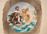 Couple sur des chevaux marins, projet d'assiette by Félix Bracquemond, Aquarelle gouachée sur trait de crayon, sold Apr 2024