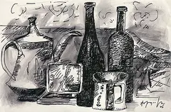 Still Life with a Clock by K. M. Adimoolam, Ink and wash on paper pasted on board, sold Jul 2012