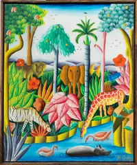 Jungle Scene by Jean-Nelson Dubic, acrylic on masonite, sold Apr 2026