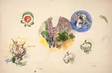 Six études préparatoires pour plats et assiettes by Félix Bracquemond, Plume et encre brune, aquarelle sur traits de crayon, sold Apr 2024