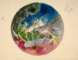 Fleurs devant un paysage montagneux, projet d'assiette by Félix Bracquemond, Aquarelle sur trait de crayon, sold Apr 2024