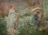 The painter (James Tissot ?) and his model in a garden, also called "Etude d'après nature by Marie Bracquemond, Huile sur toile, sold Apr 2024
