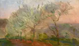 Paysage aux arbres au soleil couchant by Marie Bracquemond, Huile sur toile marouflée sur carton, sold Apr 2024