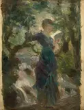 Young lady reading in the shade of trees in front of a waterfall by Marie Bracquemond, Oil on canvas, sold Apr 2024