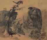 Vautours dévorant leurs proies devant un parterre de volatiles envieux, projet d’illustration pour Les Vautours et les Pigeons de Jean de La Fontaine by Félix Bracquemond, Plume et encre brune, lavis brun et crayon noir, sold Apr 2024