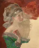 Etude de femme en buste en costume historique by Marie Bracquemond, Huile sur toile, sold Apr 2024