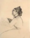 Marie Bracquemond de profil dessinant, étude pour "La Terrasse de la villa Brancas by Félix Bracquemond, circa 1876, Plume et encre brune, crayon noir sur papier calque, sold Oct 2024