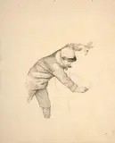 Pierre Bracquemond dessinant sur un mur ; études de jeunes femmes au verso, probablement pour une illustration de ‘La Vie Moderne’ by Marie Bracquemond, Crayon noir, sold Oct 2024