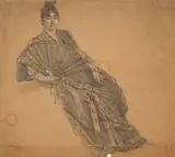 Autoportrait, dit aussi 'La Dame à l’éventail' by Marie Bracquemond, Fusain et rehauts de gouache blanche sur deux feuilles de papier assemblées, sold Oct 2024