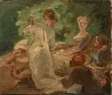 Scène de repas, étude pour le triptyque L'Anniversaire by Marie Bracquemond, Huile sur toile marouflée sur carton, sold Oct 2024