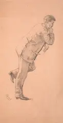Étude d’homme pour ‘En bateau (Sisley et sa femme)’, dit aussi ‘L’Hirondelle’ by Marie Bracquemond, circa 1880, Crayon noir sur papier rose, sold Oct 2024
