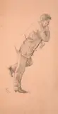 Étude d’homme pour ‘En bateau (Sisley et sa femme)’, dit aussi ‘L’Hirondelle’ by Marie Bracquemond, circa 1880, Crayon noir sur papier rose, sold Oct 2024