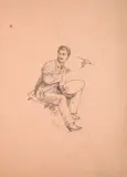 Etude pour ‘Le peintre (James Tissot ?) et son modèle dans un jardin fleuri’, dit aussi ‘Étude d’après nature’ by Marie Bracquemond, circa 1880, Crayon noir et sanguine sur papier rose, sold Oct 2024