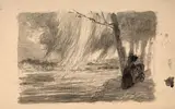 Couple d’élégants à la poussette s’abritant de la pluie sous les arbres by Félix Bracquemond, Lavis gris sur traits de crayon, sold Oct 2024