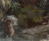 Jeune femme nue se baignant dans une rivière by Félix Bracquemond, Fusain, aquarelle et gouache sur traits de crayon, sold Oct 2024