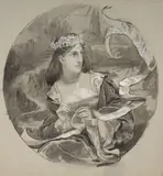 Jeune femme écrivant sur un phylactère, projet de plat by Marie Bracquemond, Encre, lavis gris et fusain sur papier bleu, sold Oct 2024