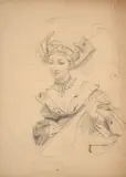 Jeune femme à la mode médiévale jouant du luth, étude pour le plat « Femme à la mandoline » - Circa 1876-1882 by Marie Bracquemond, Crayon, sold Oct 2024