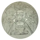 Jeune femme à la mode médiévale lisant, projet de plat by Marie Bracquemond, Fusain et rehauts de gouache blanche sur papier bleu de forme ronde, sold Oct 2024