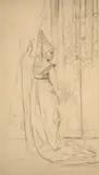 Jeune fille à la mode médiévale jouant avec son chien by Marie Bracquemond, Crayon, sold Oct 2024