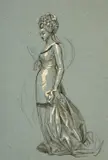 Étude pour la figure allégorique de la Sculpture du panneau 'Les Muses des arts' – Circa 1876 by Marie Bracquemond, Lavis brun sur traits de crayon et rehauts de gouache blanche sur papier bleu, sold Oct 2024