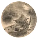 Jeune canotier à la mode médiévale lisant un poème un soir de pleine lune, projet de plat by Marie Bracquemond, Crayon noir et estompe sur papier de forme ronde, sold Oct 2024