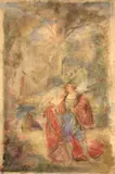 Couple à la mode médiévale se promenant dans un jardin by Marie Bracquemond, Aquarelle sur trait de crayon, sold Oct 2024