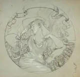 Projet de plat à la jeune femme alanguie se recoiffant by Marie Bracquemond, Crayon noir, plume et encre brune et rehauts de gouache blanche sur papier bleu, sold Oct 2024