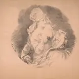 Femme à la mode médiévale brodant, projet de plat by Marie Bracquemond, Fusain sur papier rose, sold Oct 2024