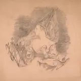 Jeune femme à la mode médiévale de profil, projet de plat by Marie Bracquemond, Fusain sur papier rose, sold Oct 2024
