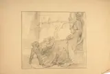 Jeune femme à la mode médiévale se reposant auprès du berceau de son bébé by Marie Bracquemond, Crayon noir et estompe, sold Oct 2024
