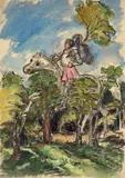 Cavalier géant en armure portant un arbre dans un sous-bois, étude pour l’illustration de ‘Gargantua’, de Rabelais by Félix Bracquemond, Encre noire, aquarelle gouachée sur traits de crayon, sold Oct 2024