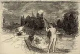 Jeune femme nue sur une barque devant l'Île de la Cité by Félix Bracquemond, Fusain, plume et encre noire, lavis gris, sold Oct 2024