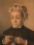 Portrait de Madame Royer cousant un drapeau français by Félix Bracquemond, Fusain, sanguine et pastel, sold Oct 2024