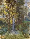 Figure féminine dans un sous-bois fantastique by Félix Bracquemond, Plume et encre brune et aquarelle sur traits de crayon, sold Oct 2024