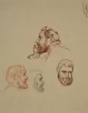Etudes de têtes d'hommes, portraits présumés de Zacharie Astruc ; étude au verso by Félix Bracquemond, Fusain, sanguine, lavis de sanguine et d'encre noire et brune, sold Oct 2024