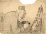 Caricature de Joseph Guichard en train de peindre ; étude de tête et animaux au verso by Félix Bracquemond, Fusain, crayon noir, encre brune et lavis brun, rehauts de gouache blanche, sold Oct 2024