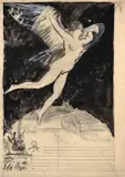 La Renommée survolant Paris, étude pour un diplôme by Félix Bracquemond, Pinceau et encre noir, lavis gris, sur traits de crayon et rehauts de gouache sur papier calque, sold Oct 2024