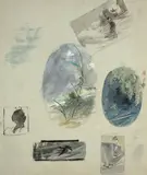 Études de formes et de décors de barbotines by Félix Bracquemond, circa 1874, Aquarelle gouachée sur traits de crayon sur papier bleu, sold Oct 2024