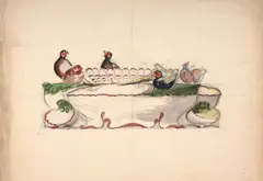 Dessin préparatoire pour le surtout du service Rousseau by Félix Bracquemond, Aquarelle gouachée sur traits de crayon, sold Oct 2024