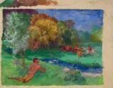 Faune et cavaliers dans une forêt, projet pour un émail by Félix Bracquemond, Aquarelle gouachée sur traits de crayon, sold Oct 2024